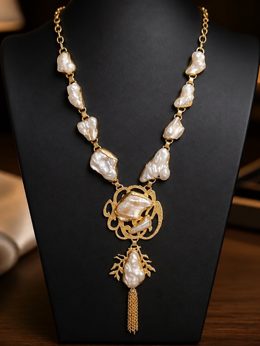 Gold Mother of Pearl Statement Necklace Baroque Pearls Tassel Pendant